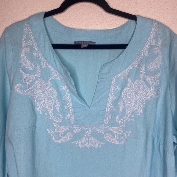 Jessica London Top Womens 20W Blue Embroidered Linen Blend Tunic Plus Size Coast - Picture 4 of 12